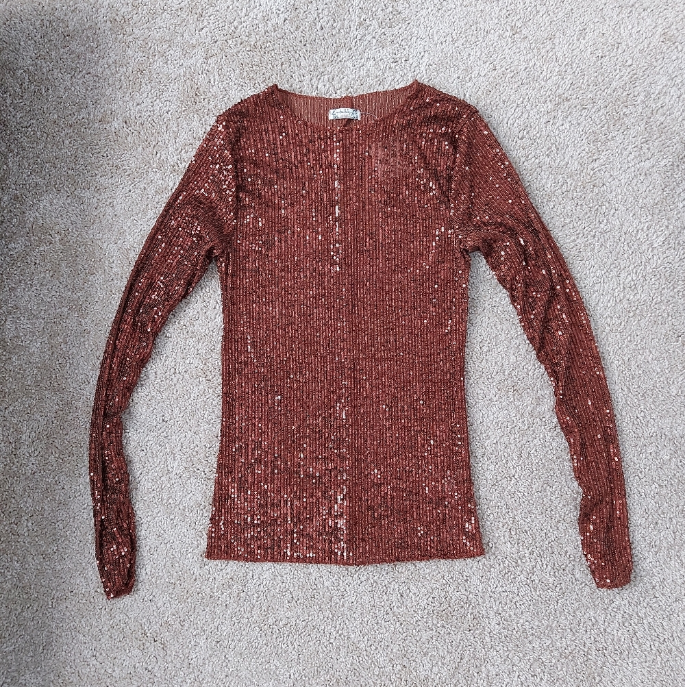 Free People Copper Sequin Long Sleeve Top